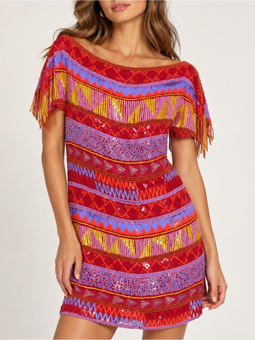 Antik Batik Beaded Mini Dress Size S/38 Multi-Color Red Pink Embellished Boho